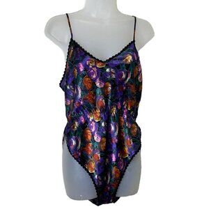 Vintage Myonne Lingerie Dark Floral Lace High‎ Cut Silky Teddy Romper Medium Y2K